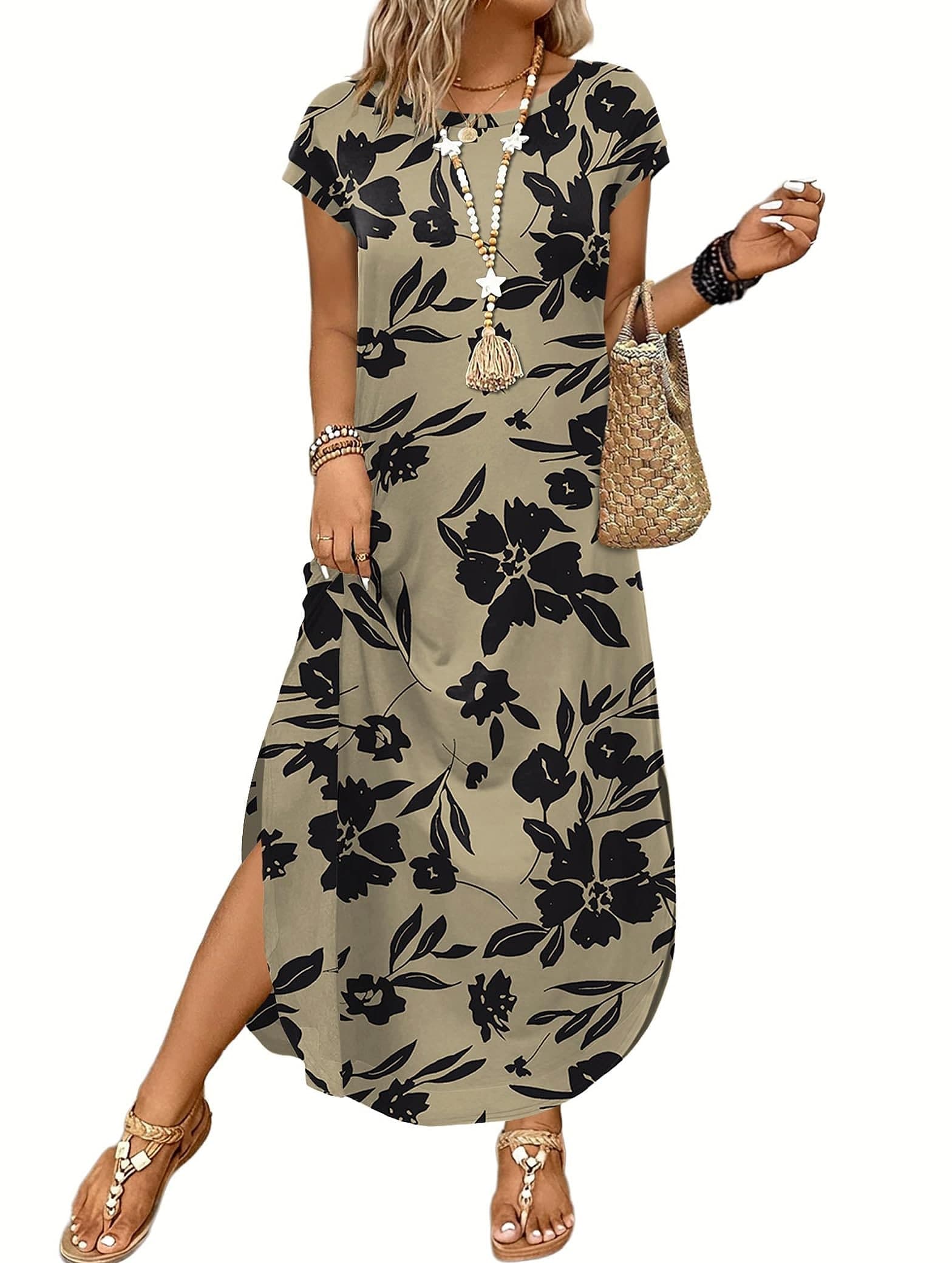 WIHOLL Summer Maxi Dress Cap Sleeve Crewneck with Pockets