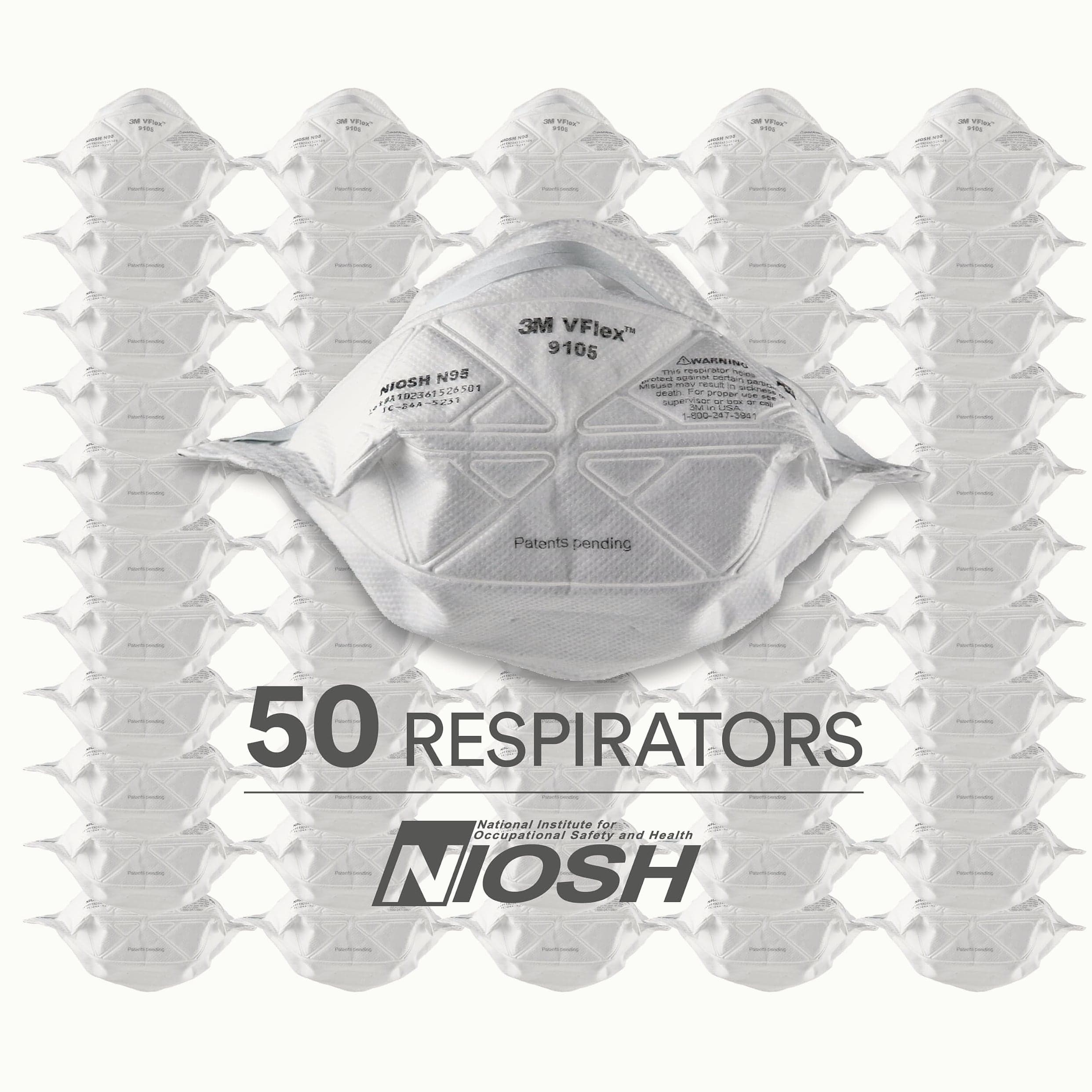 3M N95 Disposable Respirator, VFlex Particulate Respirator 9105, Pack of 50, Standard Size, NIOSH Approved, For Sweeping, Sanding, Grinding, Sawing, Bagging, Dust