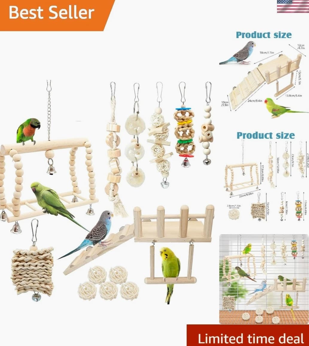 13 Pcs Hanging Bird Toys Set with Perches & Chew Toys - Ideal for Parakeets