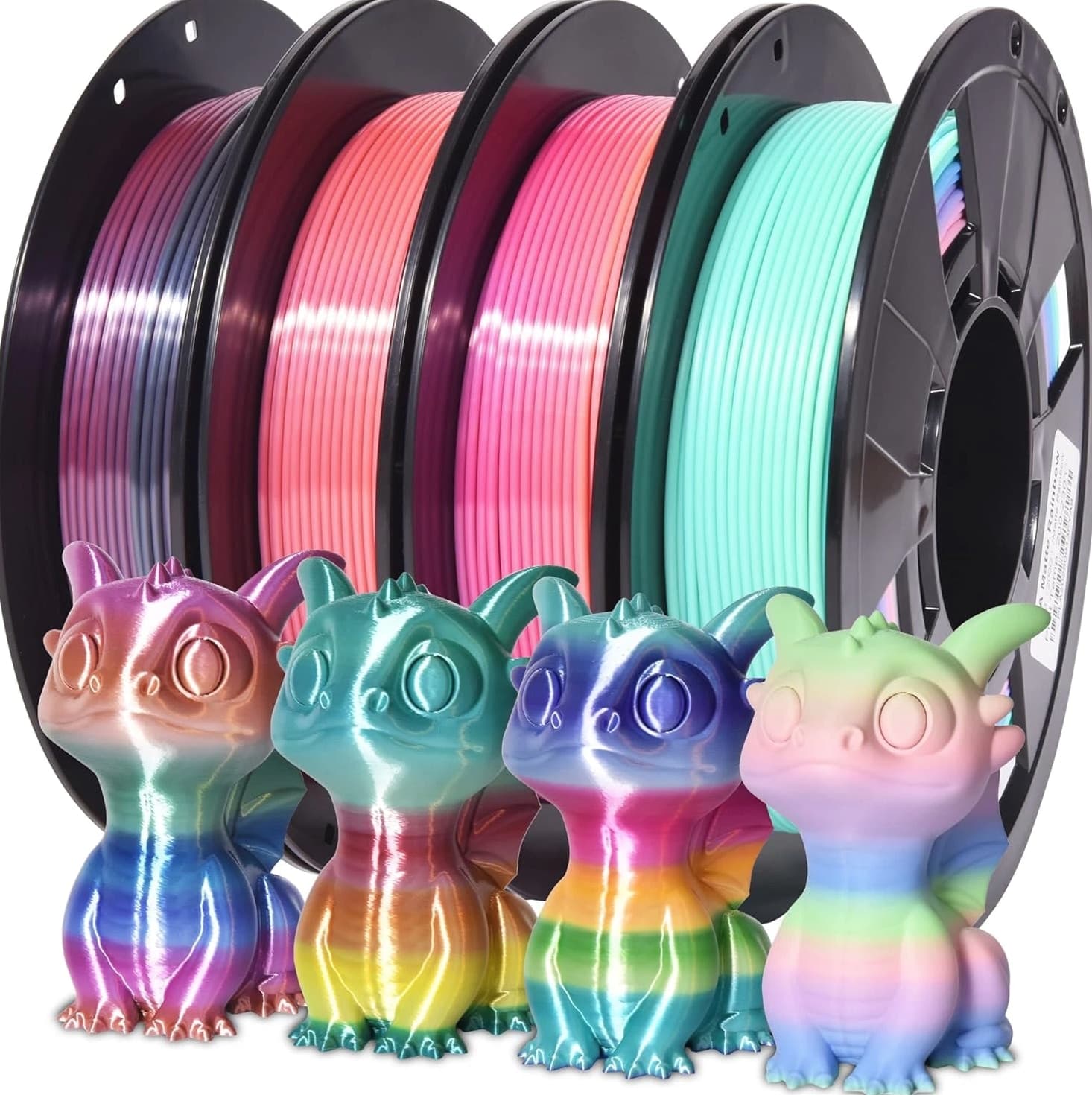 4-Pack Silk Matte Rainbow PLA Filament 1.75mm - Multicolor Fast Color Change 3D