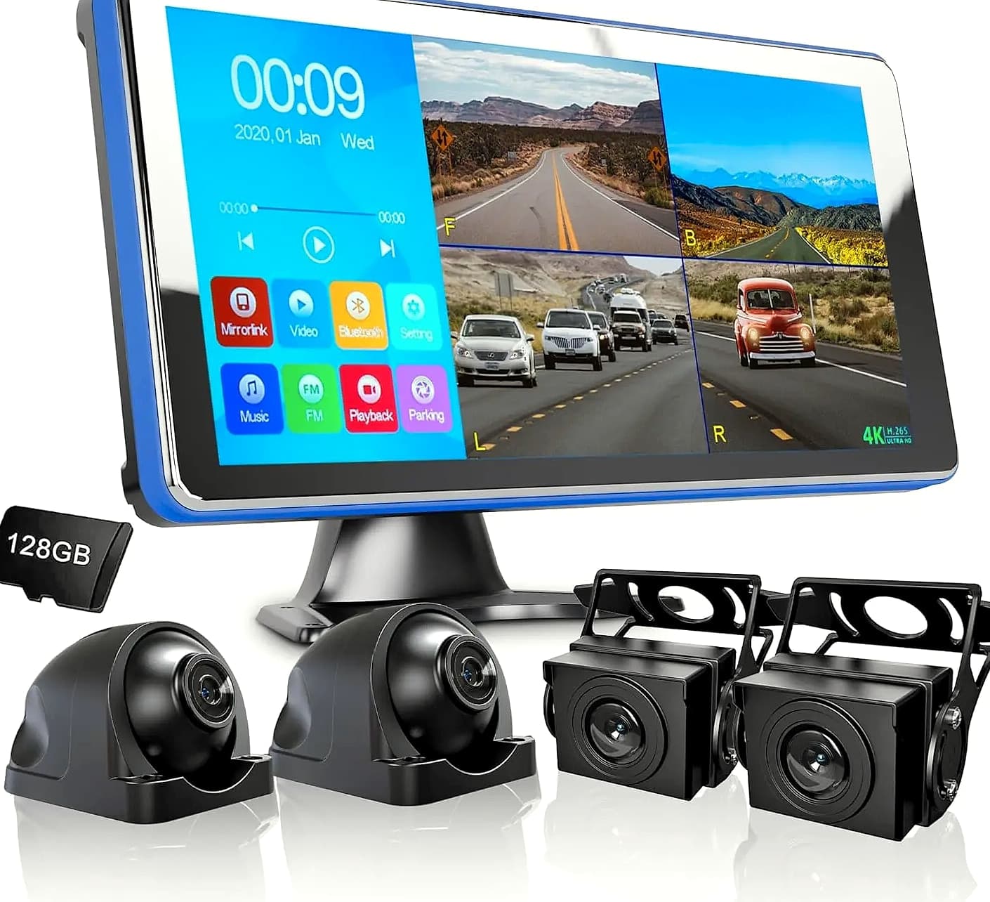 4K Quad Split Dash Cam System with 4 AHD Cameras for RV Truck