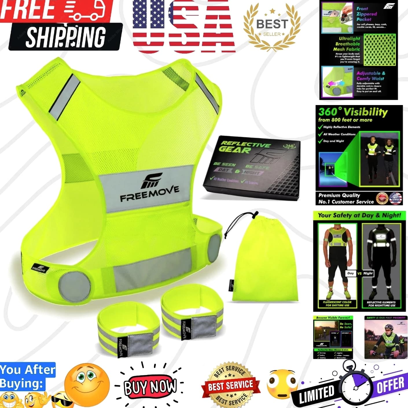 Reflective Vest Running Gear + 2 Bands & Bag - Ultralight Comfy Safety Vest