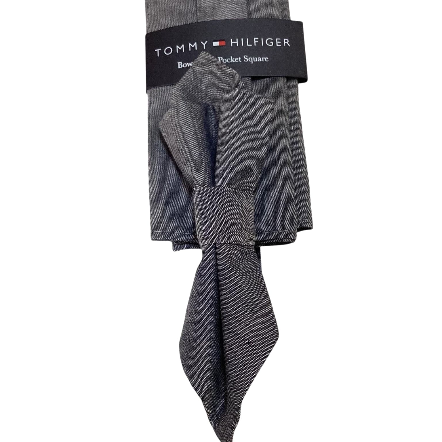 TOMMY HILFIGER Men's Cotton Bow Tie & Pocket Square Set Designer Solid Gray NWT