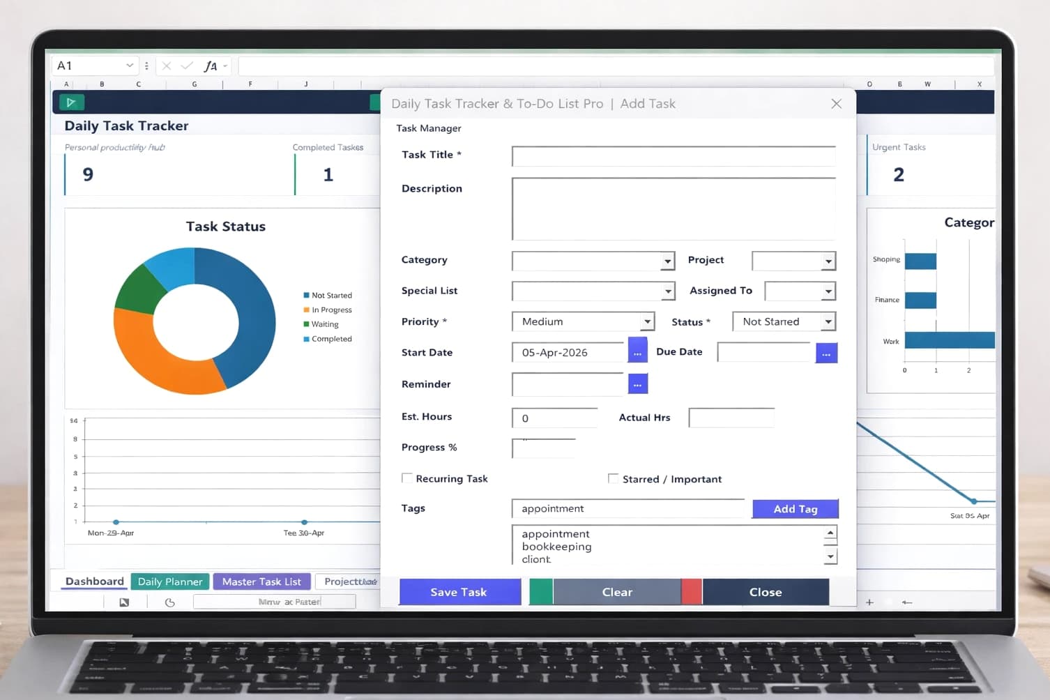 Automated Excel Task Tracker Template | Daily Planner, Calendar, Project Management