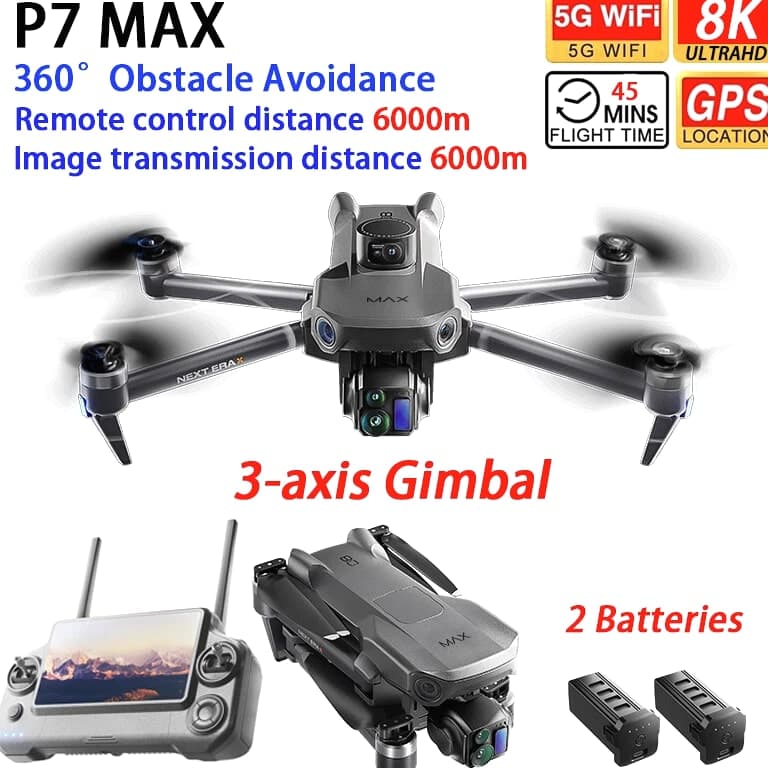 P7 Max RC Drone GPS 3-axis Gimbal 8K HD Camera 360° Obstacle Avoidance 2 Battery
