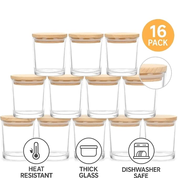 Candle Jars with Lids 7oz - 16 Piece Clear Glass Containers for Candle Making