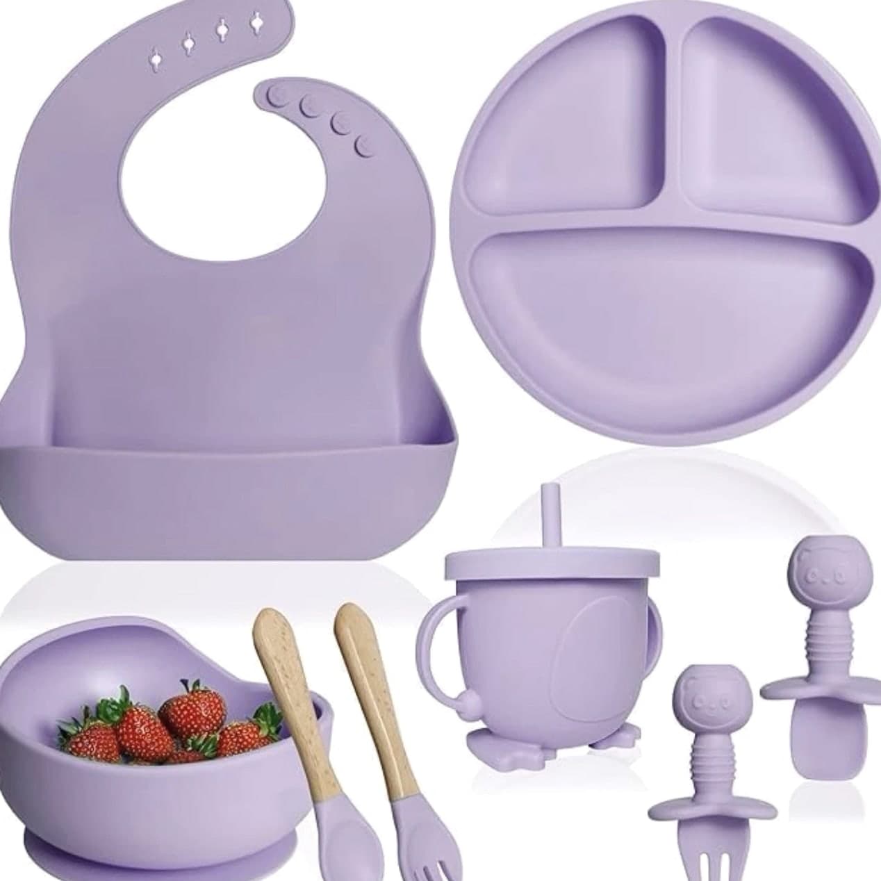 Silicone Baby Feeding Set, Suction Plate Bowl Set (Purple)