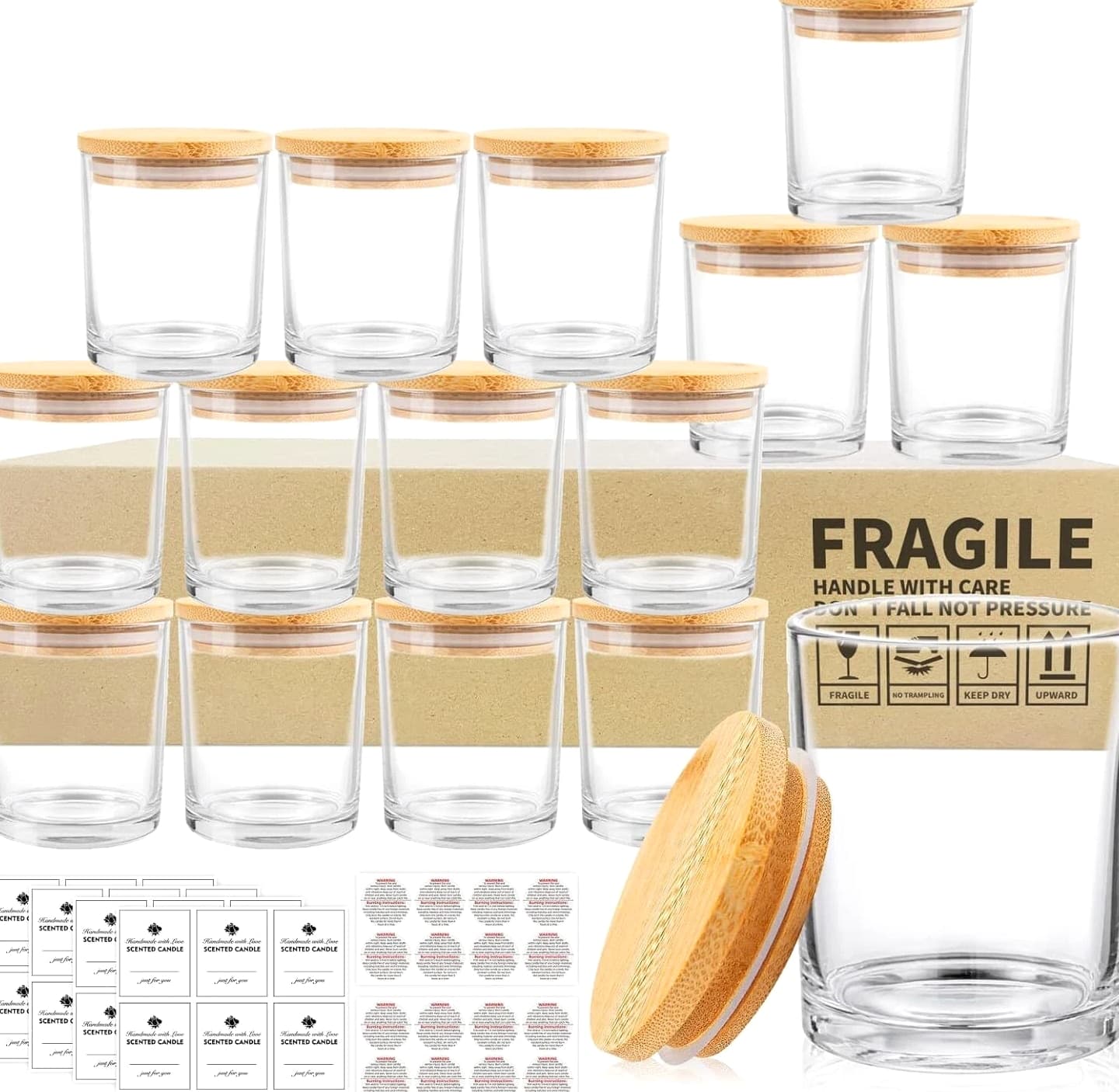 SUPMIND 15 Pack Clear Empty Candle Jars with Bamboo Lids and Sticky Labels - Bulk