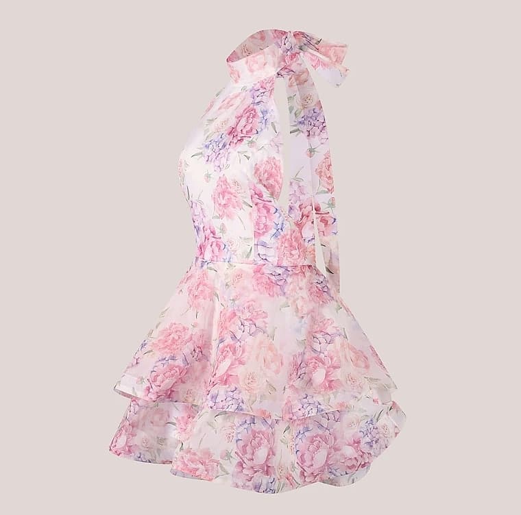 Chic Floral Printed Mini Dress Backless Sleeveless Hem Stacking Dresses Sweet A Line Vestidos 2025 New Lady Party Club Clothing