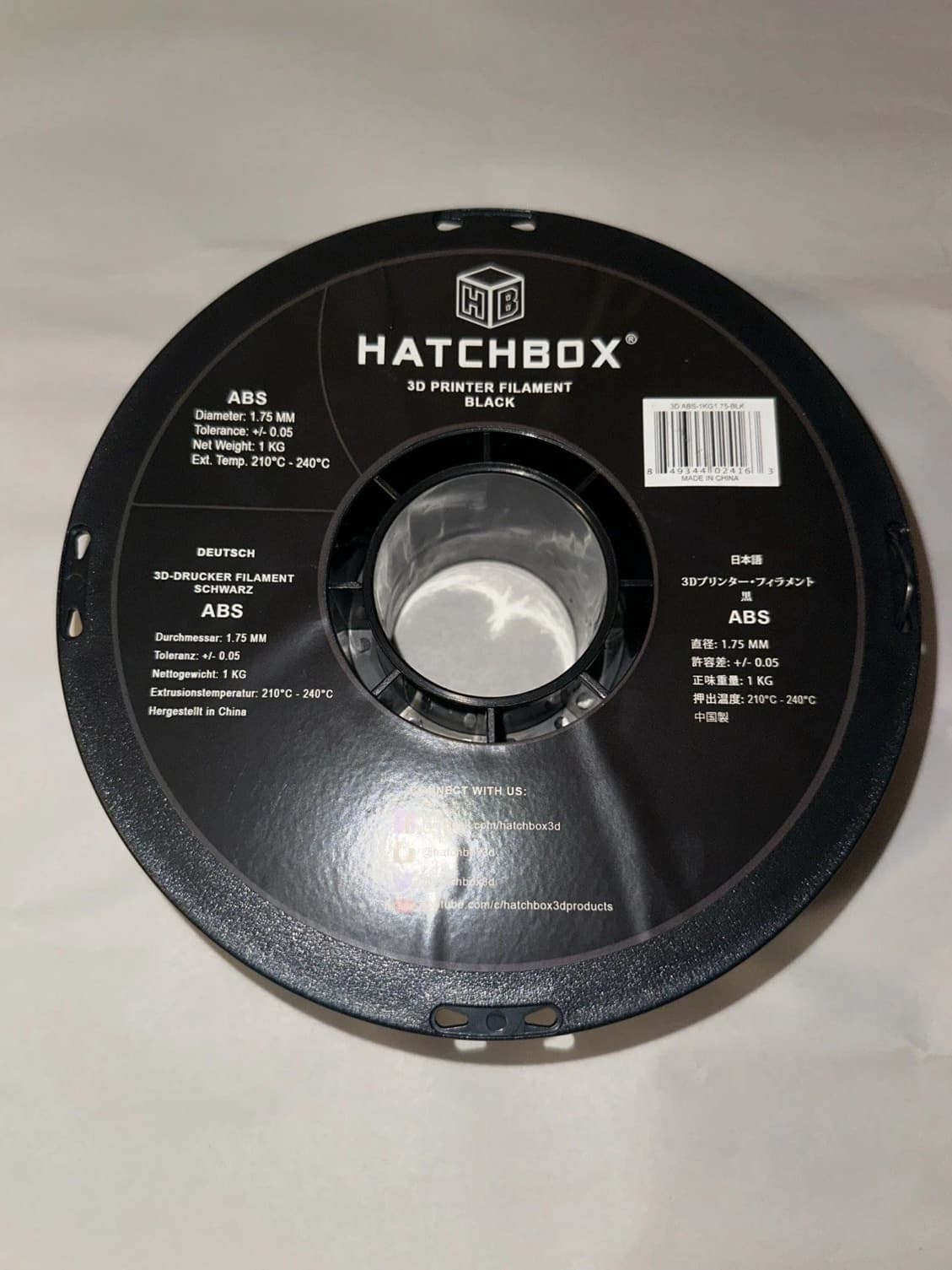 HATCHBOX ABS 1.75 mm 3D Printer Filament in Black, 1kg Spool
