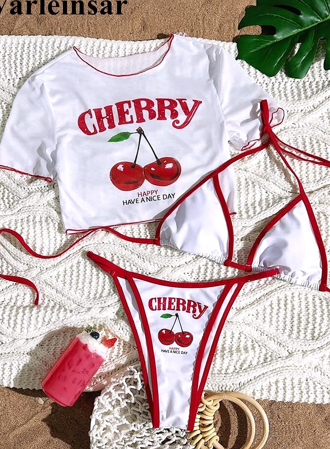Varleinsar V6854 Cherry Print Three-Piece Bikini Set