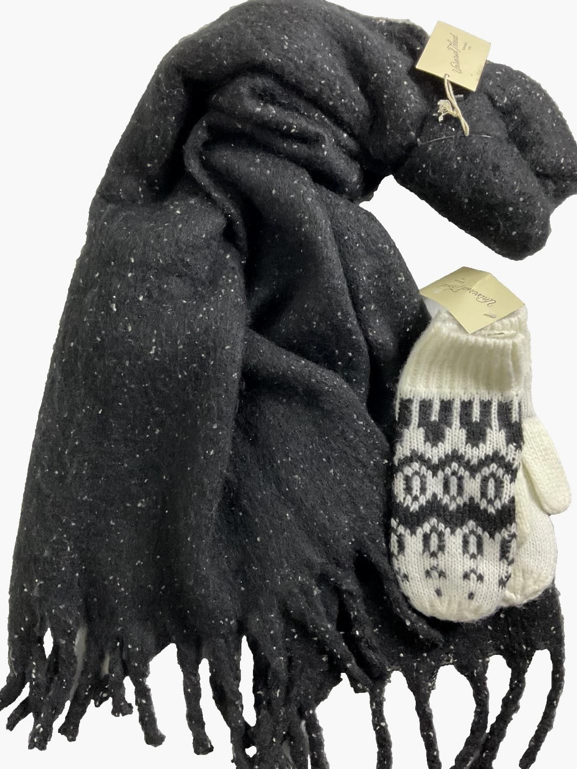 Universal Thread Women's Knit Mittens, Winter Gloves White/Black and Scarf