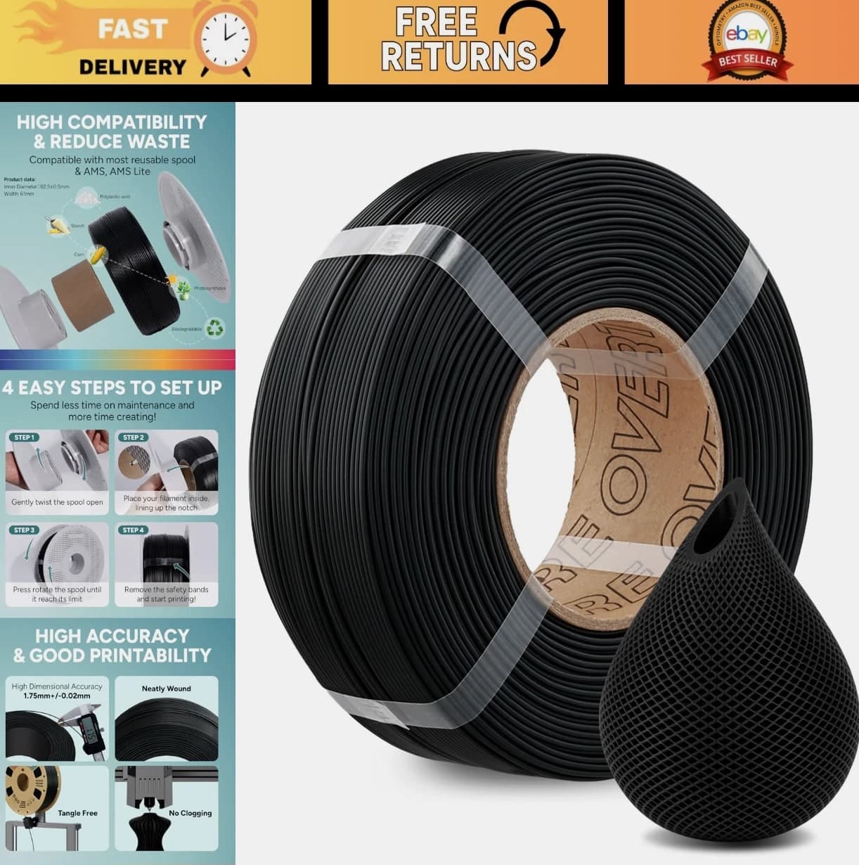 1.75mm 3D Printer Filament Refill 1kg, Black FDM Filament, Most Printer Compatible