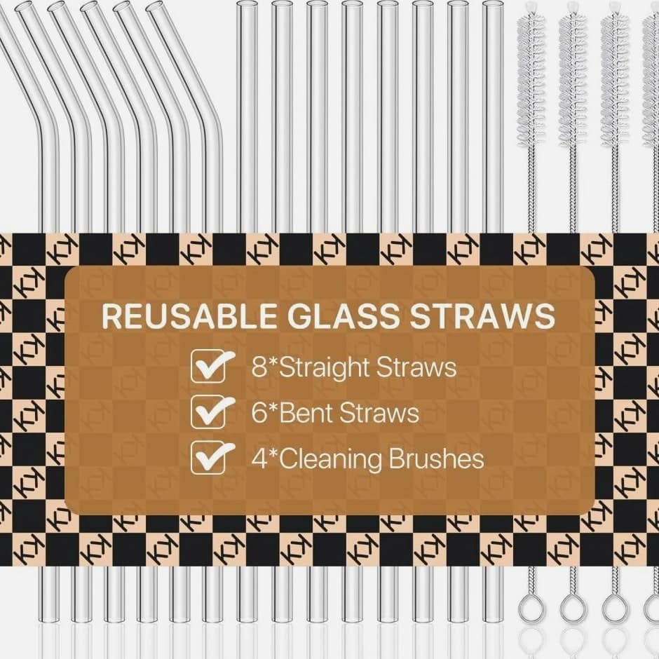 Reusable Clear Glass Drinking Straws 18 Pack: 8 Straight & 6 Bent 10mm x 8.5