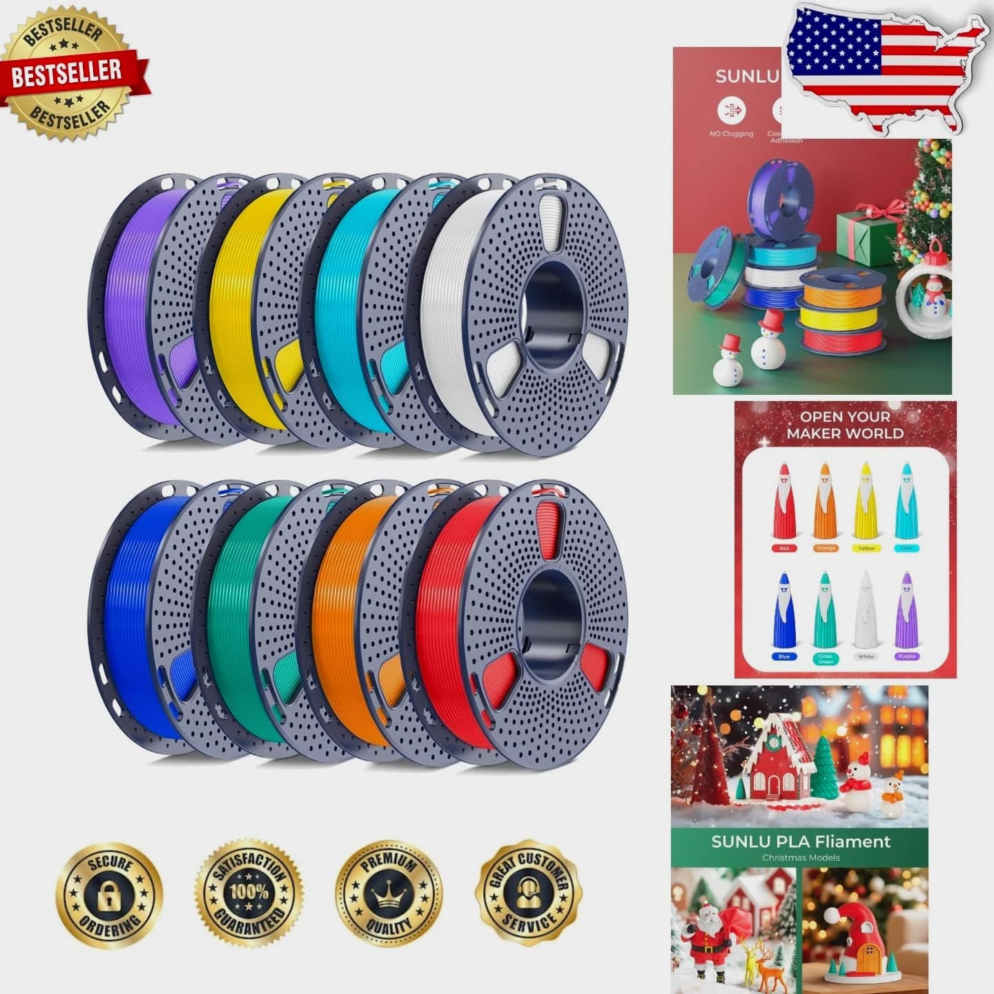 SUNLU 8-Roll PLA Filament 1.75mm Bundle, 250g Mini Spools, Tangle-Free Design, 8 Colors