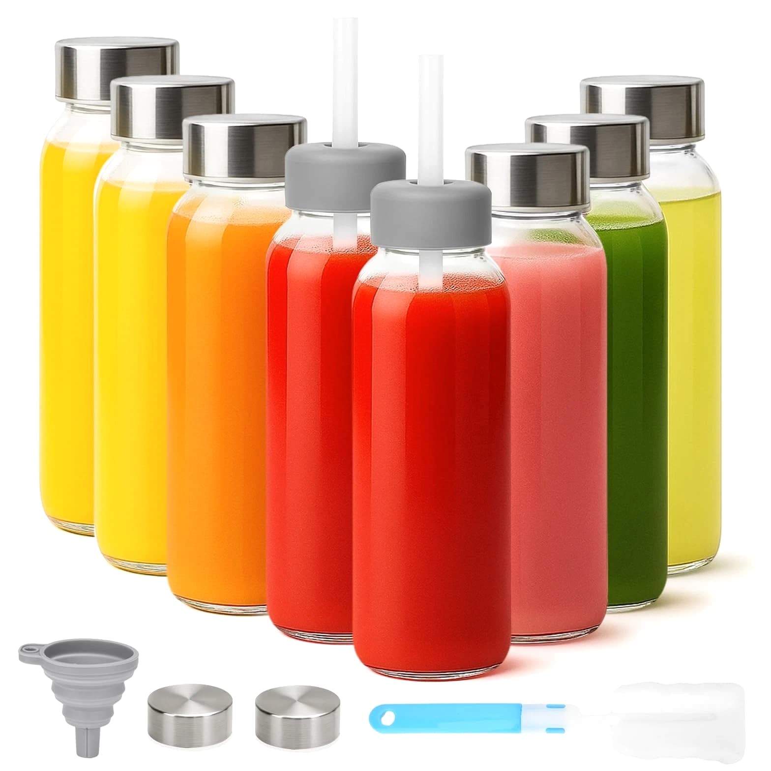 Glass Water Bottles with Lids & Straws 16 oz, 8 Pack Reusable Juice Bottles