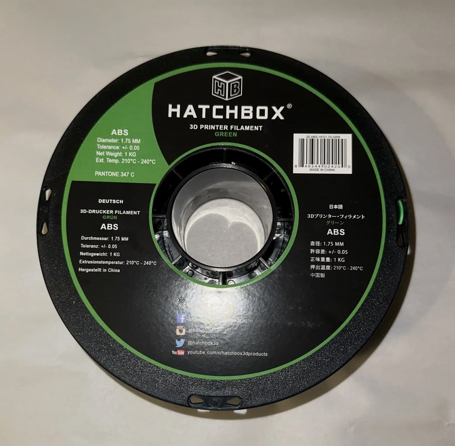 HATCHBOX ABS 1.75 mm Filament in Green, 1kg Spool