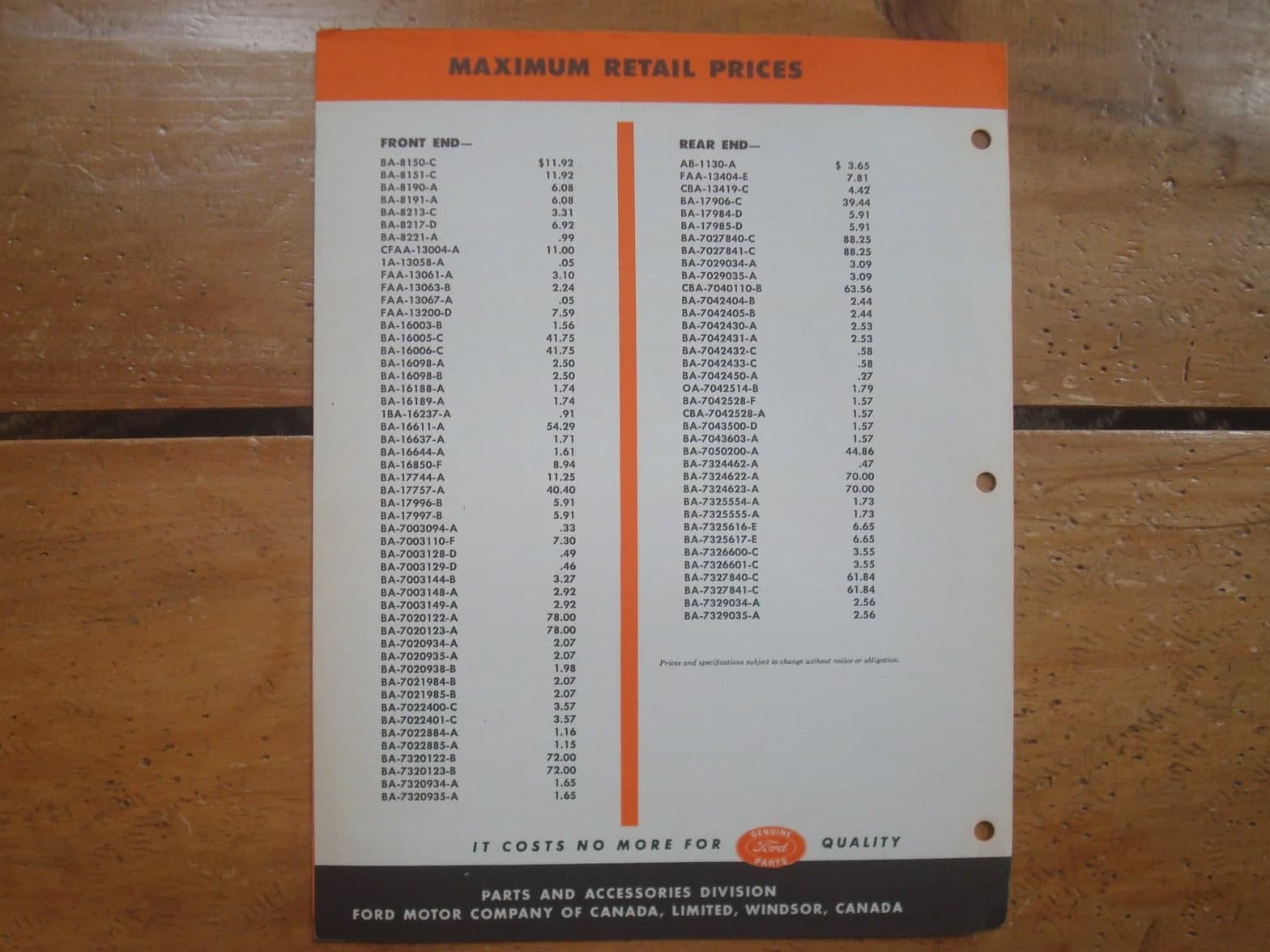1952 Ford Body Parts and Accessories Data Bulletin - Exterior Body Parts