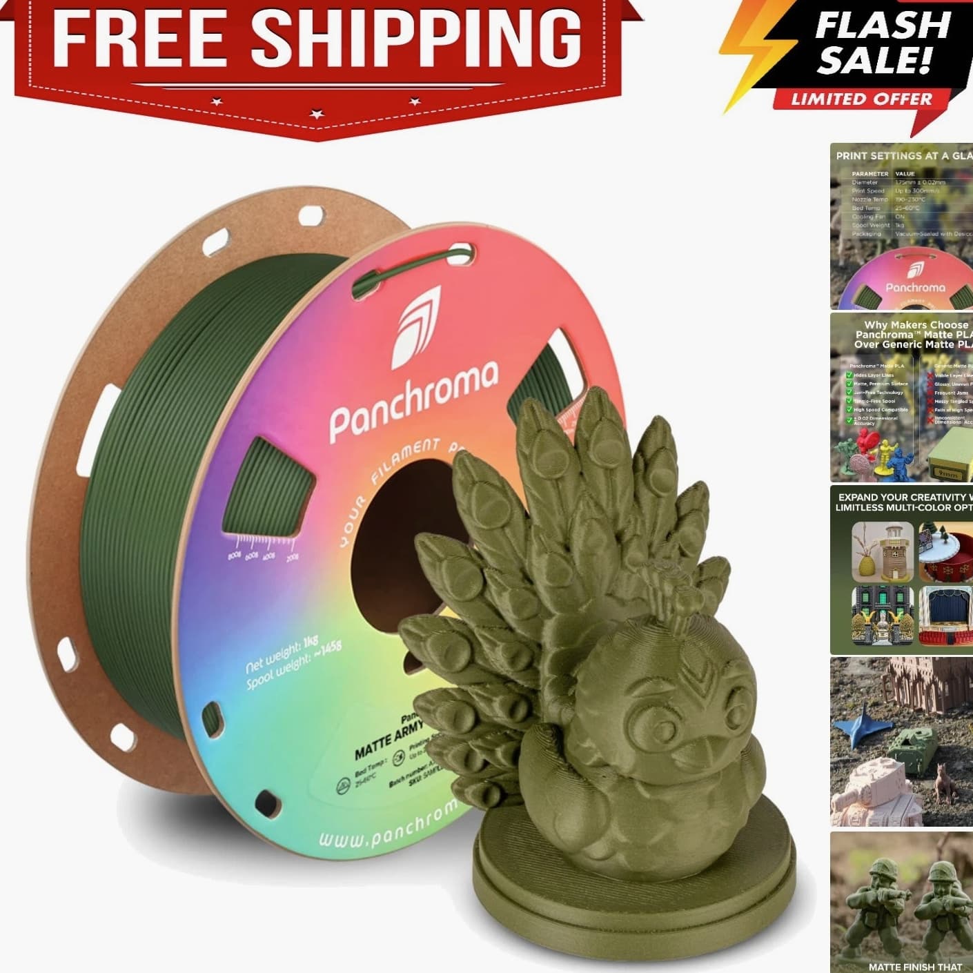 Panchroma Matte PLA Filament Army Dark Green 1.75mm 1kg 3D Printing Material...