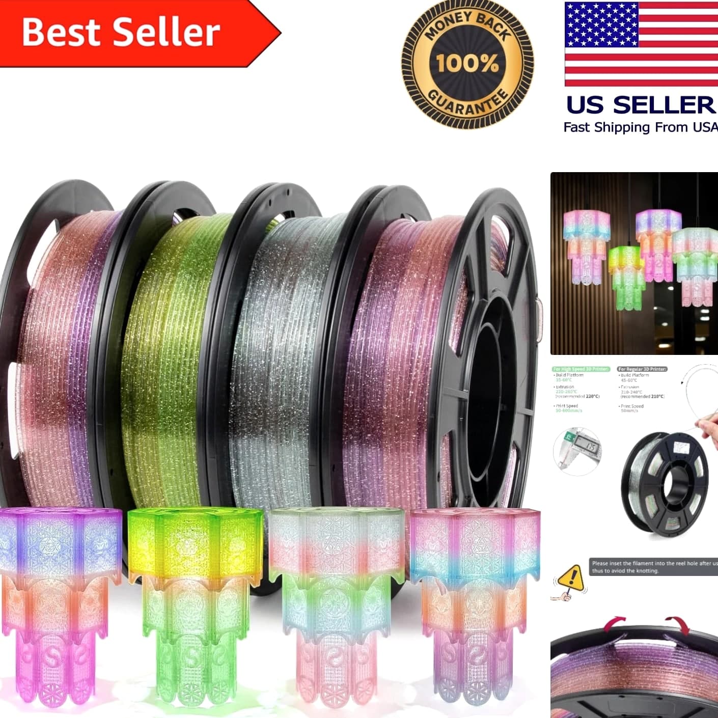 Premium PETG Filament 1.75mm - Transparent Glitter, 4 Spools, Long-Lasting