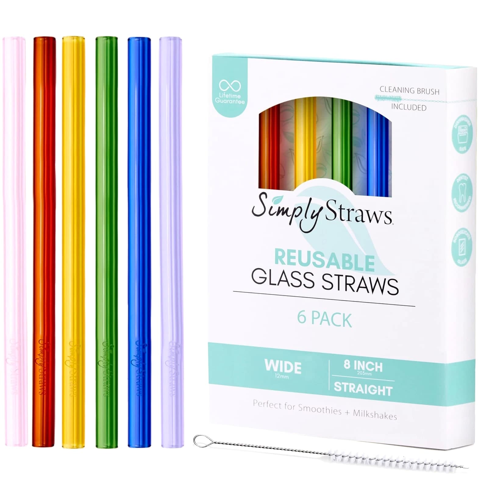 8 Inch Wide Glass Straws (6-Pack) - 12mm Reusable Boba Straw Set