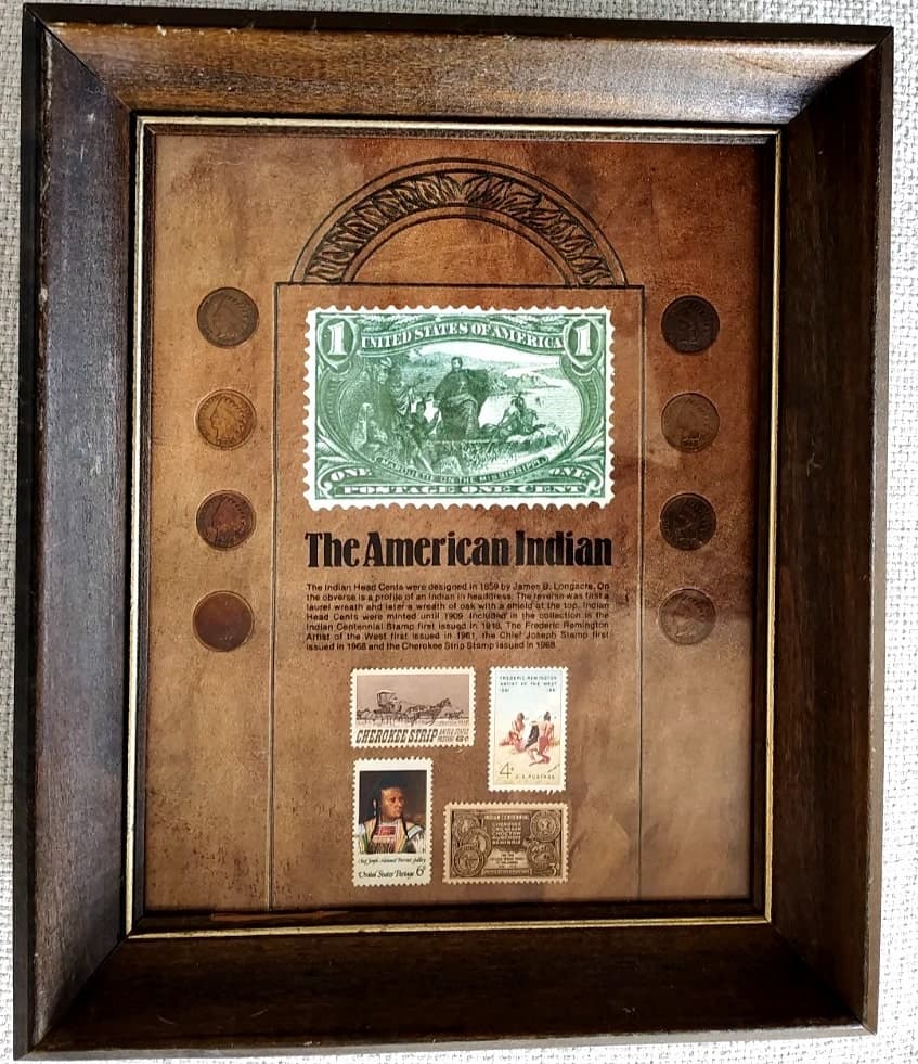 Vintage Framed 8 Indian Head Penny Coins and 4 Stamps The American Indian #A