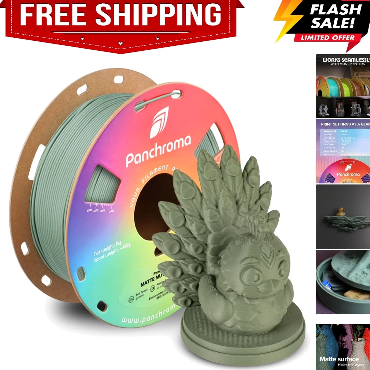 Panchroma Matte PLA Filament Muted Green 1.75mm 1kg 3D Printing Material, Fo...