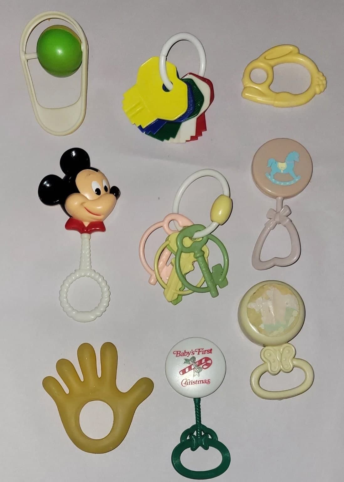 Vintage Lot Of 9 Baby Rattles And Teethers - Mickey Mouse, Keys, Rattle