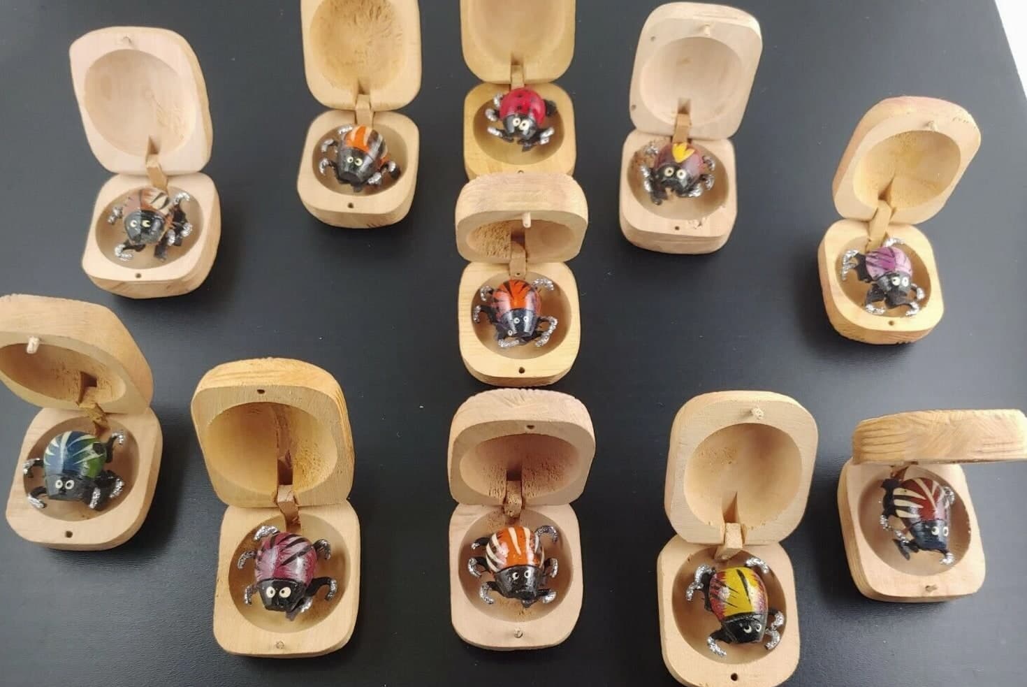 Handmade Bug In A Box Gag Toy Gift - Moving Legs Novelty Bug in a Nut Vintage Wood