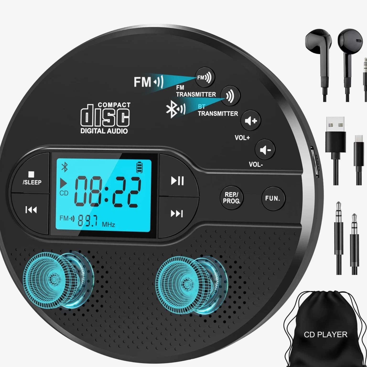 Portable CD Player with Bluetooth, Walkman CD Player, FM Transmitter and Speakers