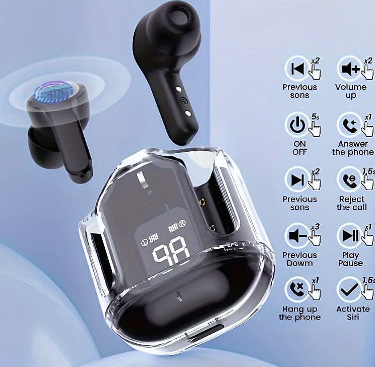 AHTOSKA Transparent Wireless Earbuds with LED Display