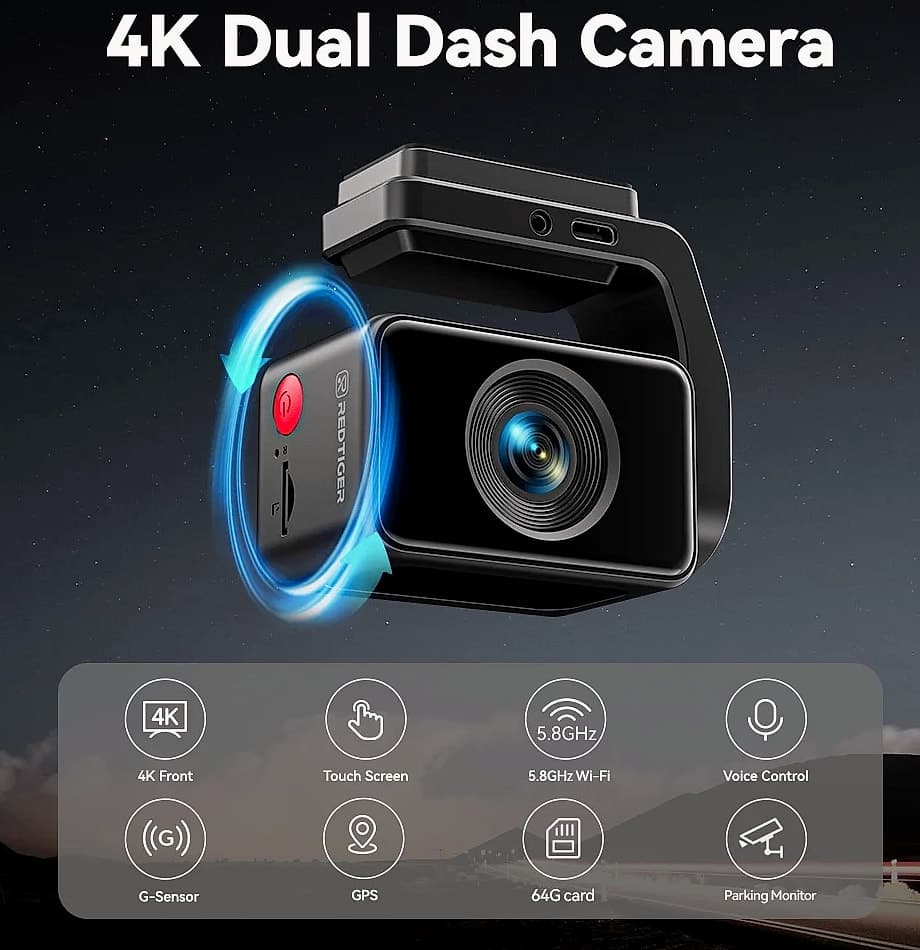 Redtiger A4 4K Dash Cam with GPS, WiFi, and Rear Camera