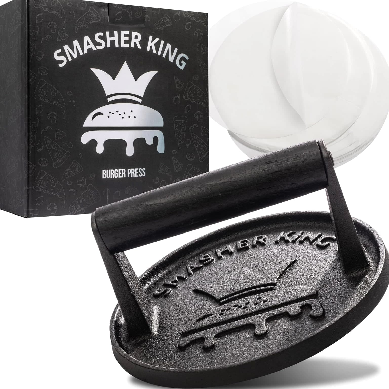 Premium Cast Iron Smash Burger Press with 25 Pcs Patty Paper & Smasher