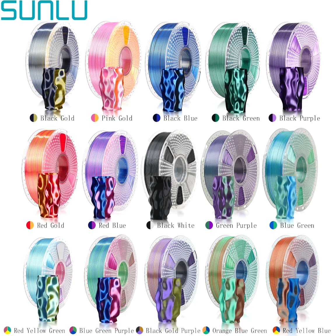 SUNLU Silk Textures PLA+ 3D Printer Filament Dual/Triple Color 1KG 1.75mm Glossy