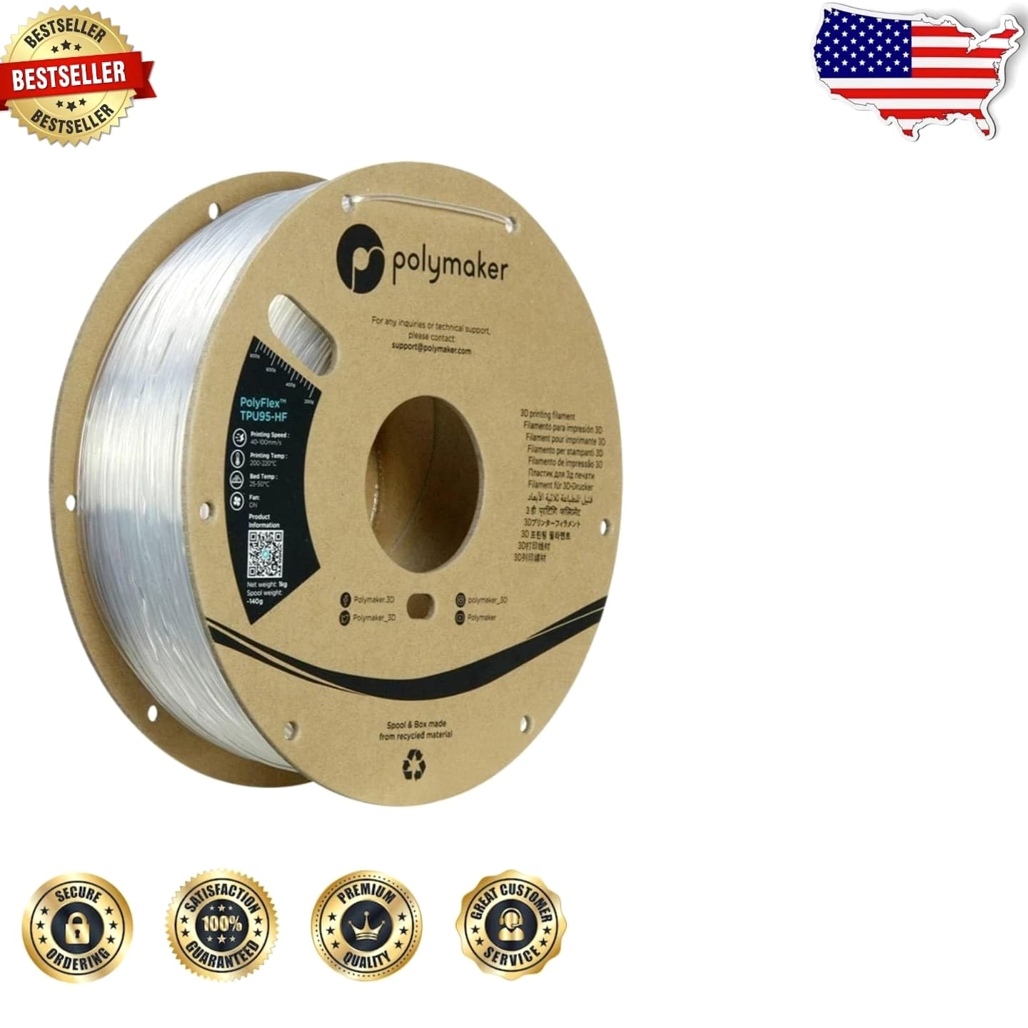 High Flow 1.75mm TPU Filament 95A Clear - Flexible, UV Resistant, Fast Printing