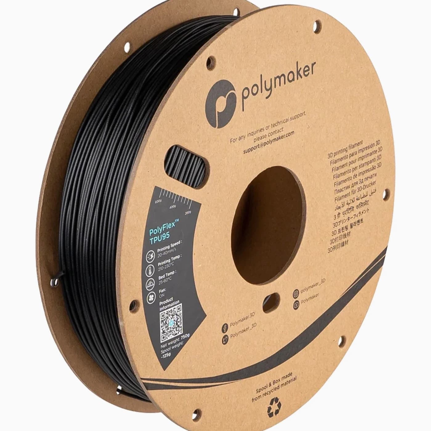 Polymaker PolyFlex TPU95 Black 1.75mm 750g Flexible TPU Filament PD01001 95A