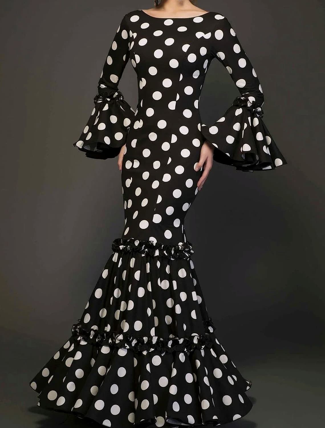Polka Dot Trumpet Sleeve Evening Dress with Fishtail Hem
