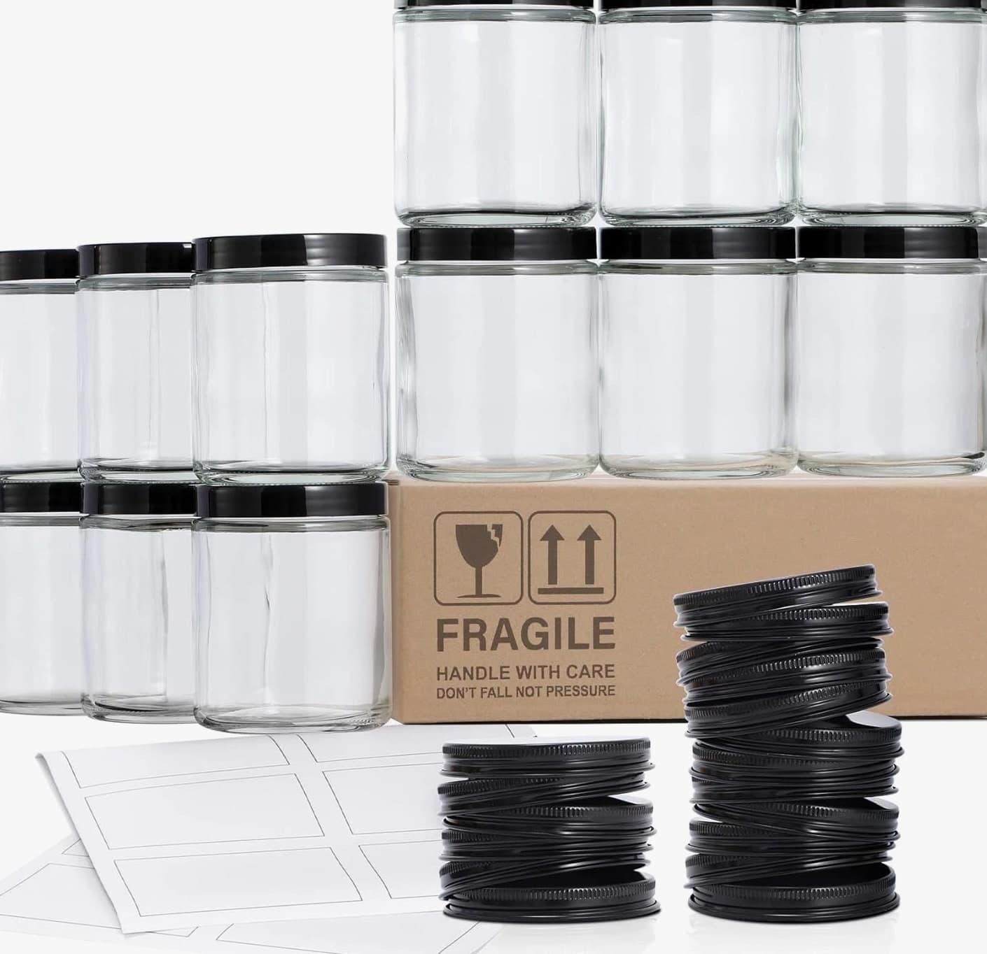 12 Pack 8 OZ Clear Candle Jars For Making Candle, Thick Glass Jars with Metal & Plastic Lids