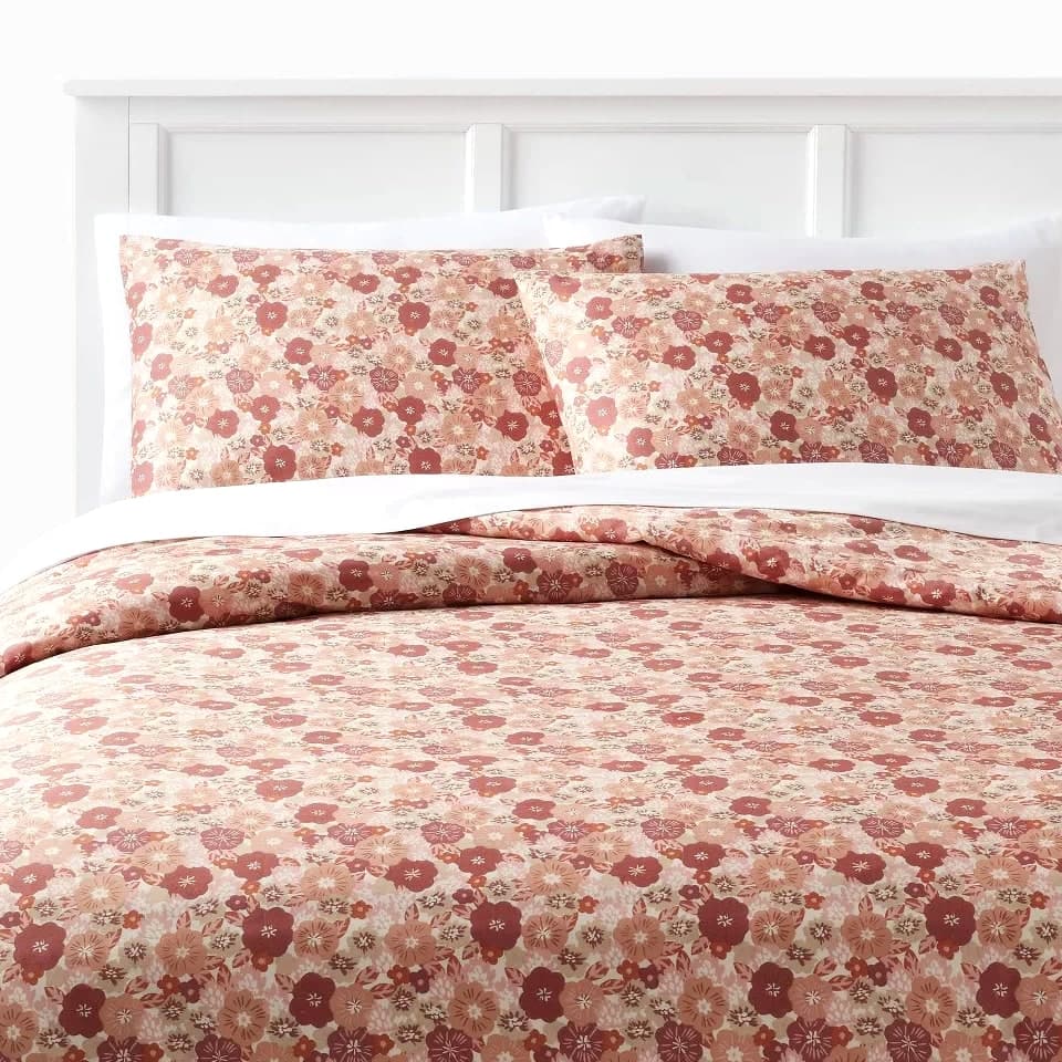 Full/Queen Printed Easy-Care Duvet Cover and Sham Set, Copper/Light Pink Floral