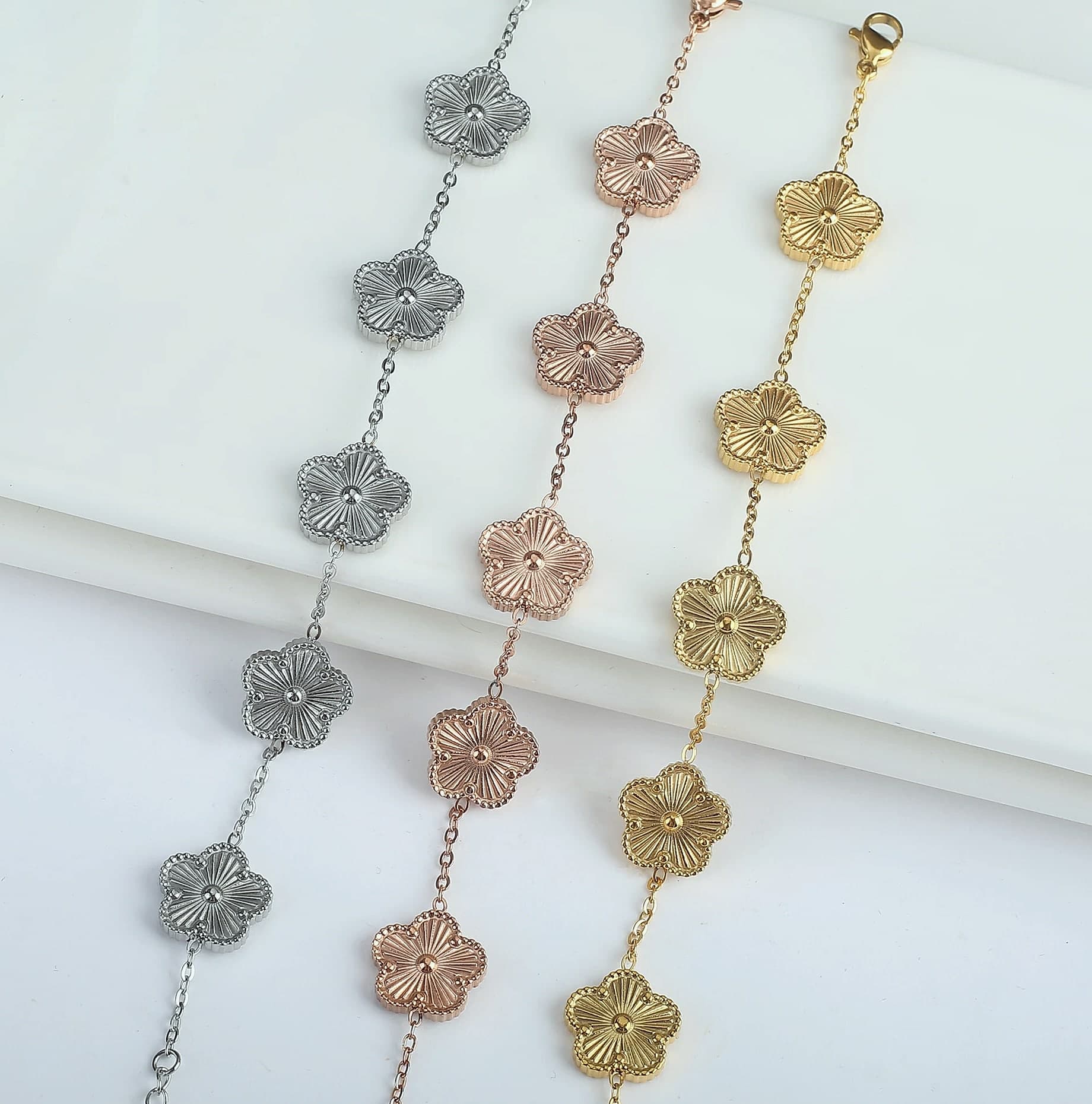 Stainless Steel Five Leaf Clover Flower Adjustable Bracelet