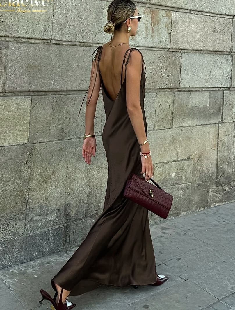 Clacive Brown Satin Floor Length Backless Dress
