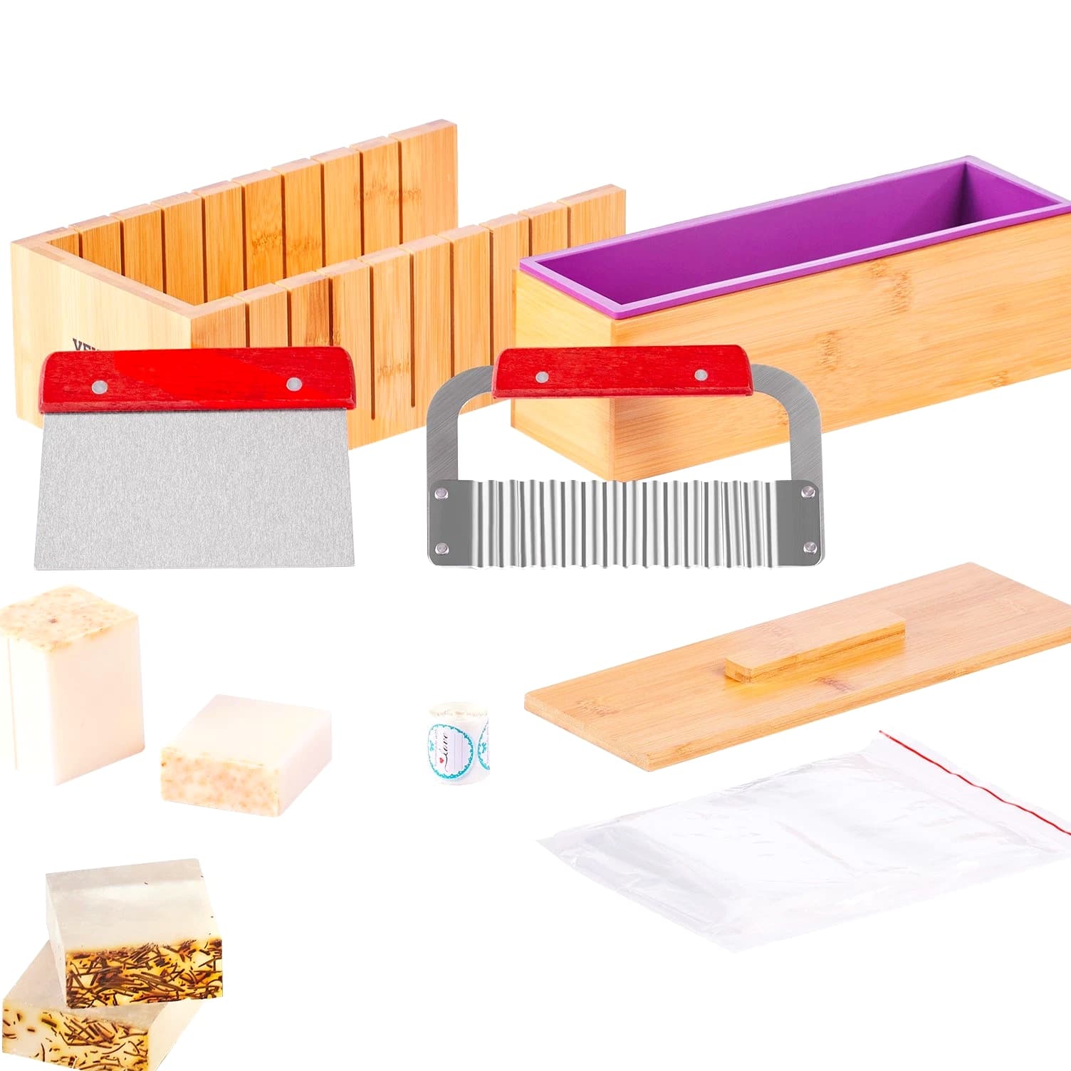 Soap Making Kit with Bamboo Cutting Box, Silicone Mold, Stainless Steel Cutters