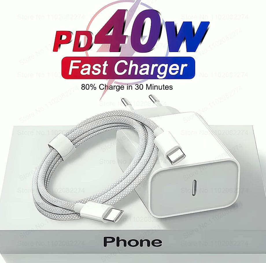 PD 40W Fast Charger with USB-C Cable for iPhone iPad