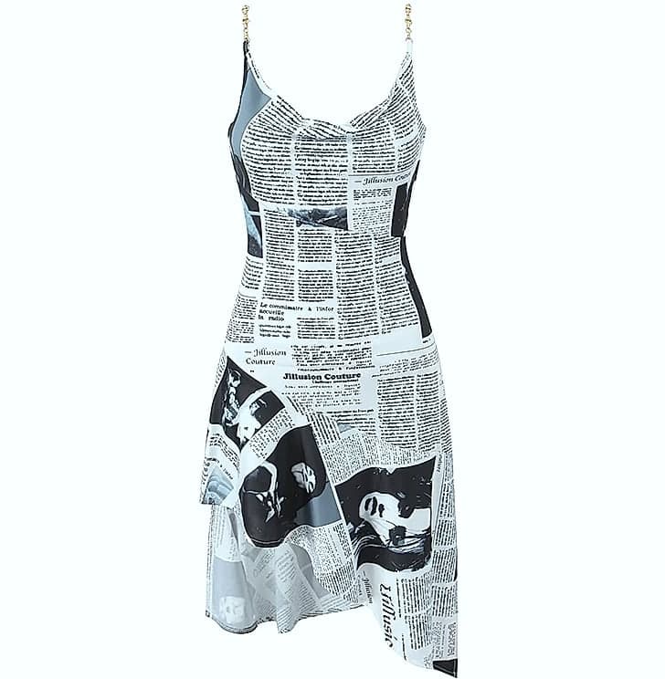Yenkye Newspaper Print Sling Dress with Backless Chain Straps