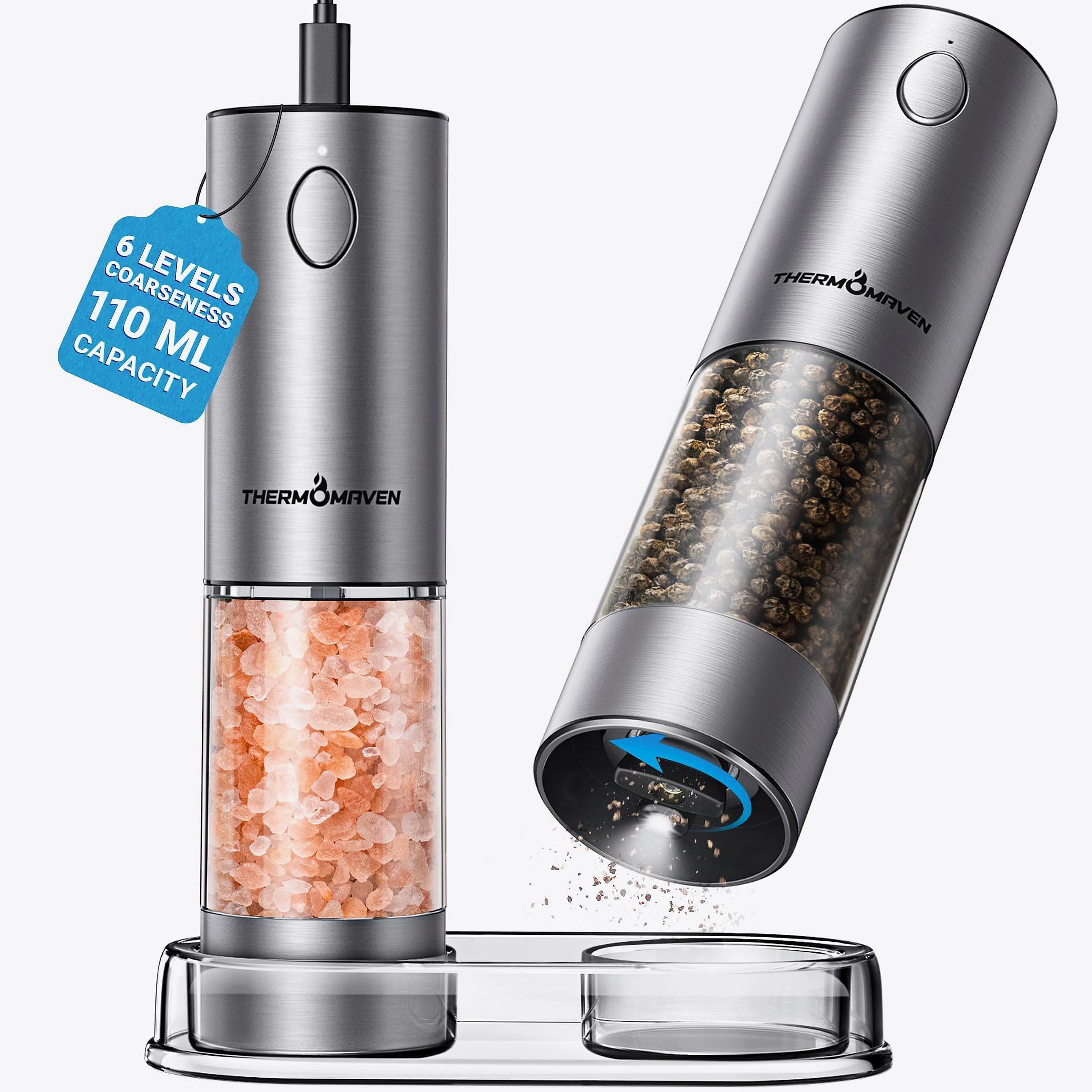 ThermoMaven 110ml Rechargeable Electric Salt Pepper Grinder Set