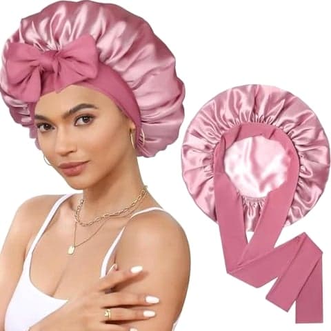 Satin Bonnet Sleep Cap Double Layer Hair Bonnet with Bean Paste + Pink