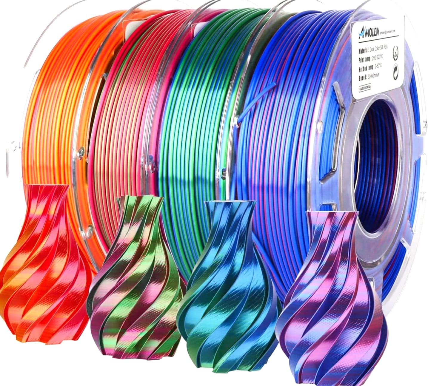Silk PLA 3D Printer Filament Bundle, Shiny Dual Color Filament 1.75Mm Multi-Pack