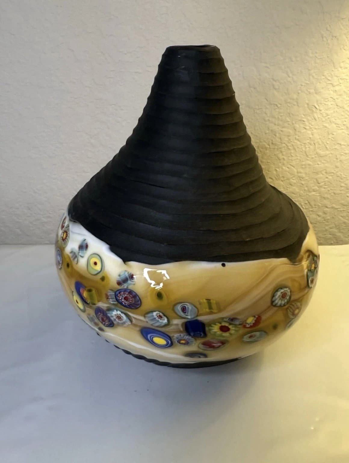 Striking Yellow And Brown Pottery And Glass Millefiori Vase