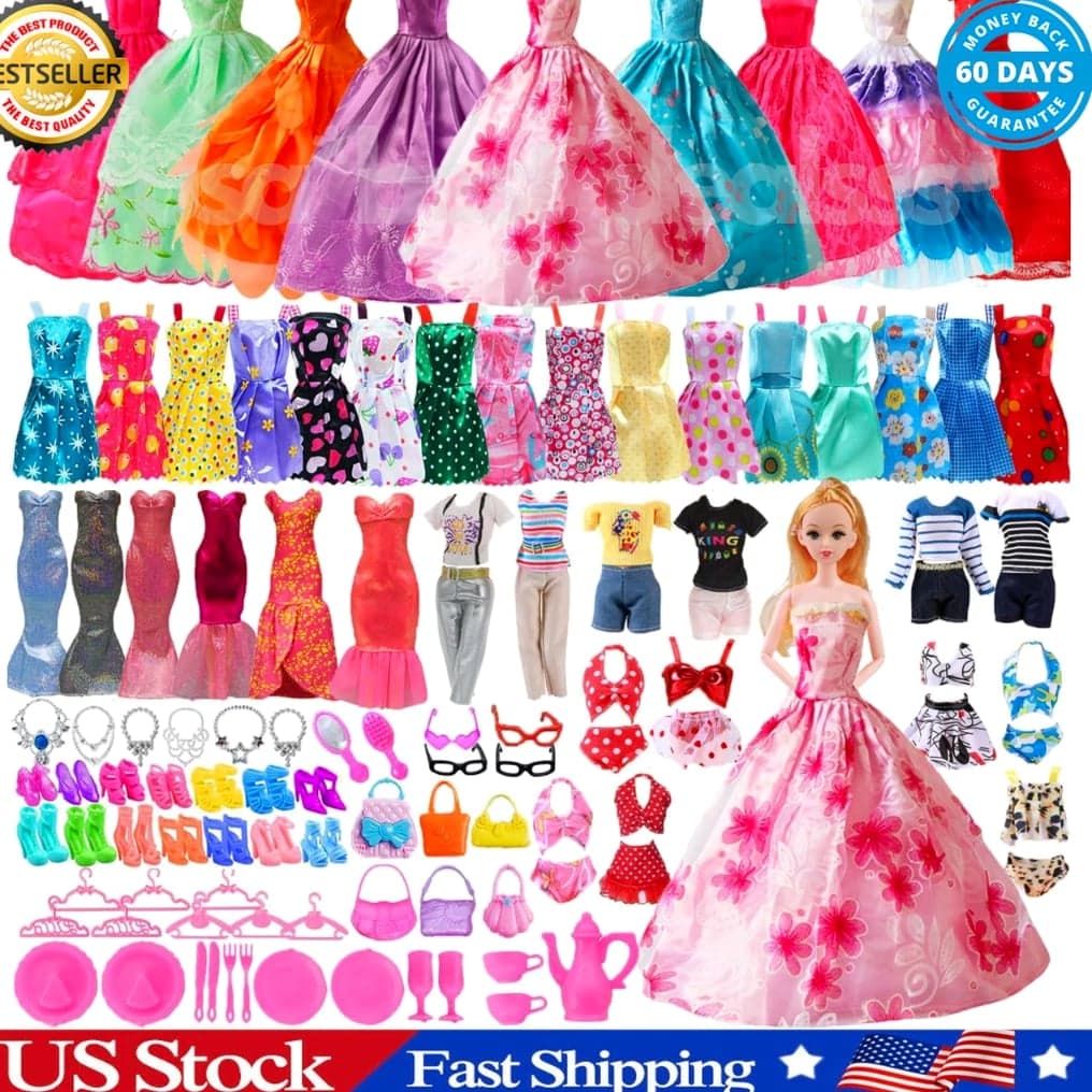 98 Pcs Barbie Clothes Doll Fashion Wear Clothing Outfits Dress up Gown Shoes Lot