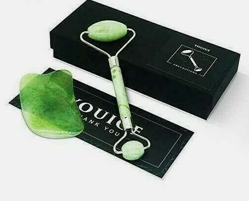 Natural Jade Roller with Gua Sha Lymphatic Drainage Tool for Face, Neck Anti-Aging